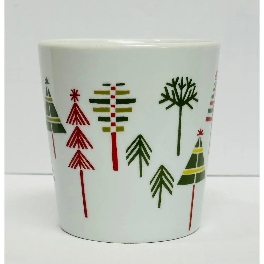 Crate & Barrel Julia Rothman 16oz White Green Red Yule Town Christmas Tree Mug